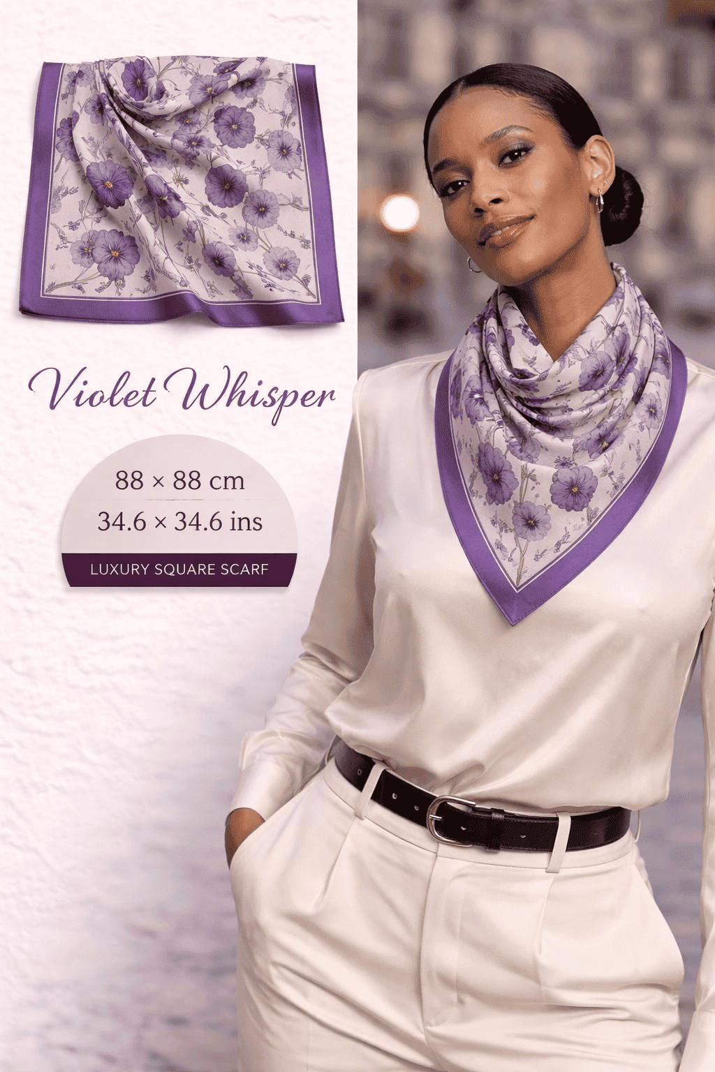 Violet Whisper silk scarf with delicate lavender florals and soft neutral tones