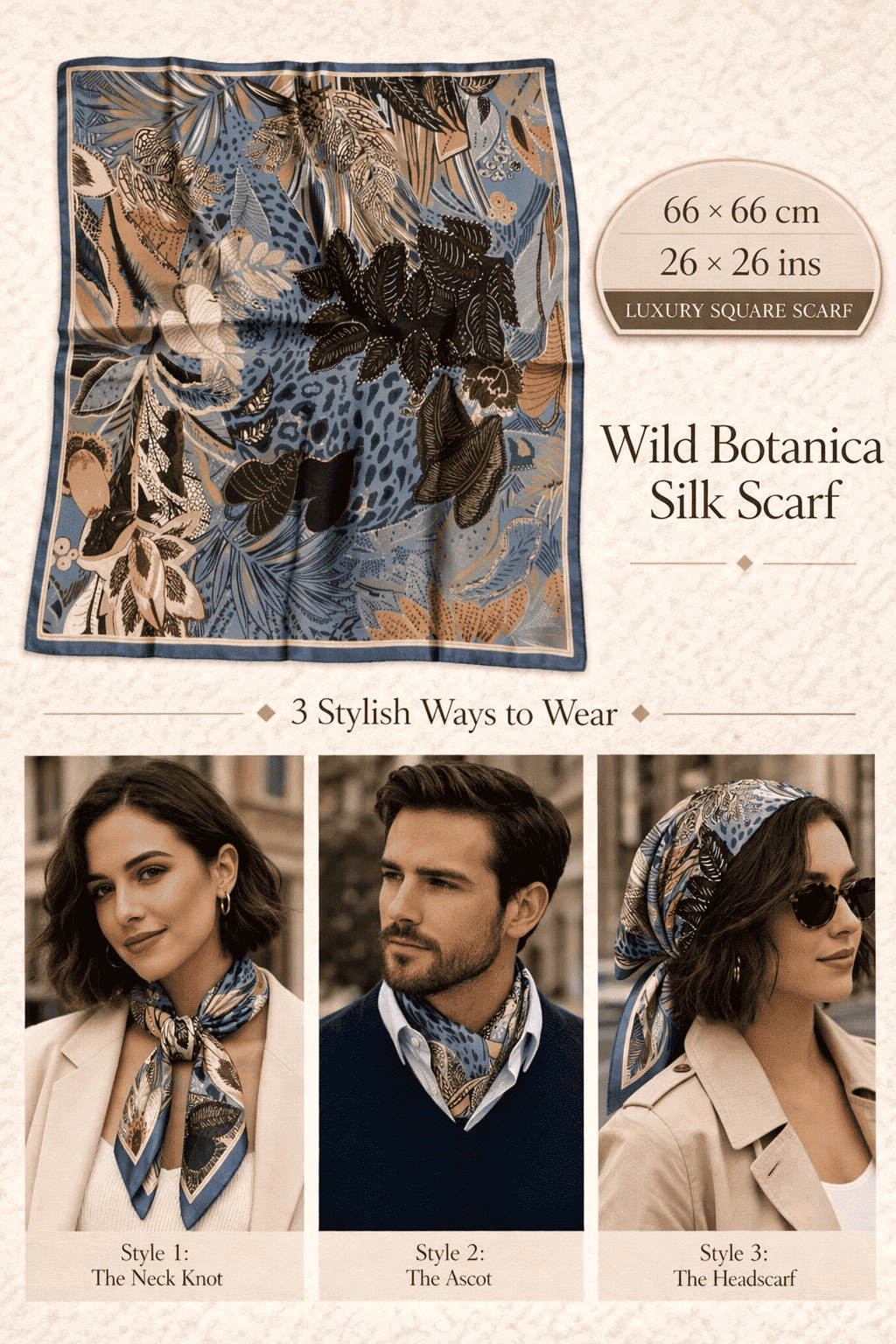 Wild Botanica silk scarf with layered botanical elements in blue, gold and earthy neutral tones