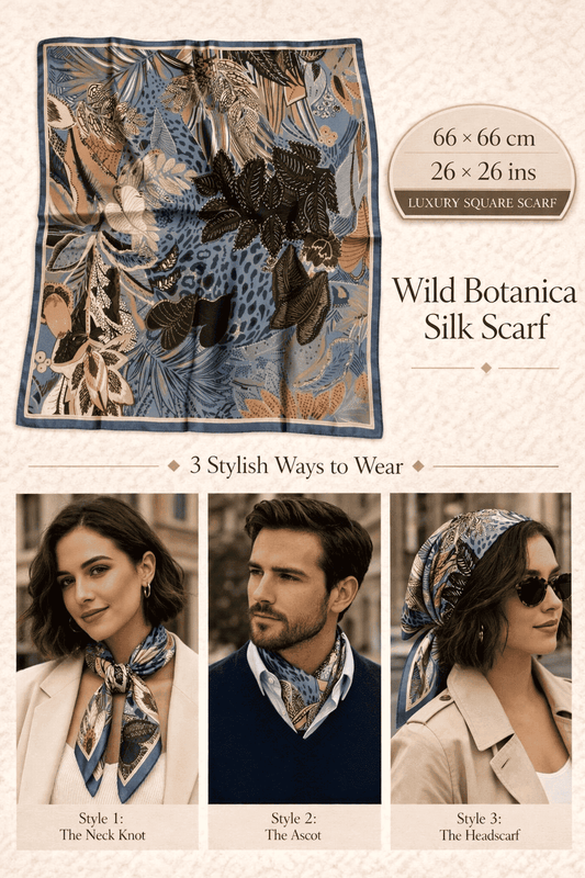 Wild Botanica silk scarf with layered botanical elements in blue, gold and earthy neutral tones