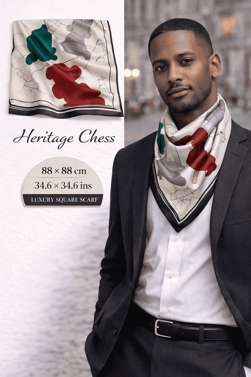 Heritage Chess silk scarf with crimson, emerald and neutral chess-inspired pattern