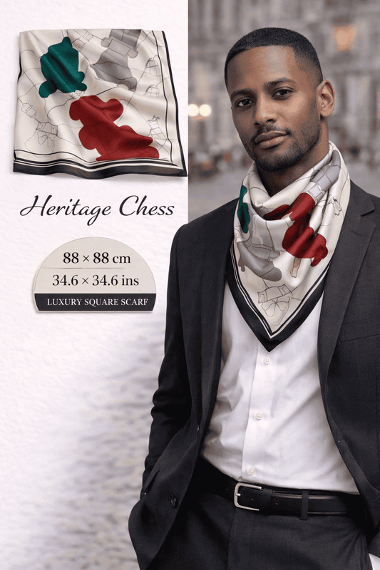 Heritage Chess silk scarf with crimson, emerald and neutral chess-inspired pattern