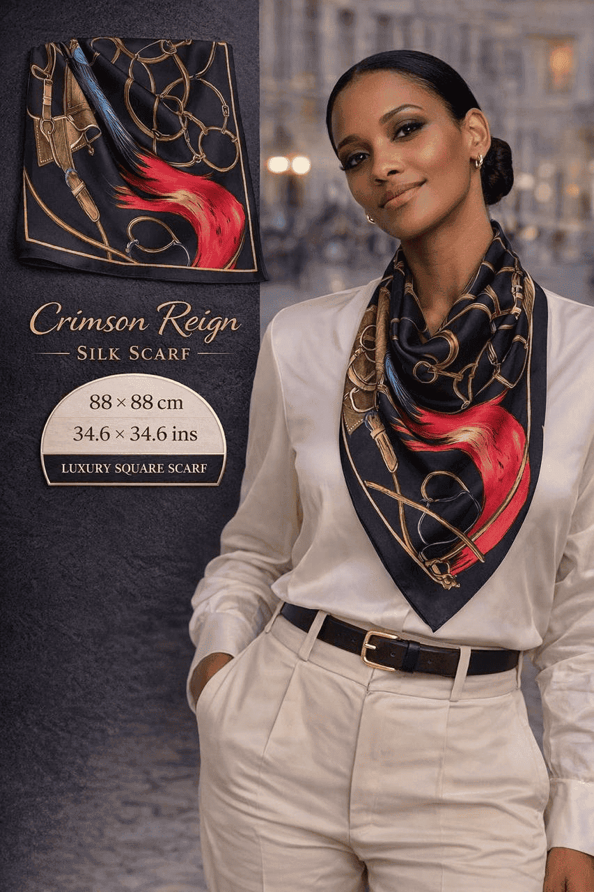 Crimson Reign silk scarf with black background, gold chain motifs and crimson accent