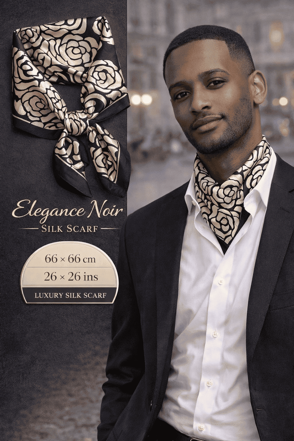 Elegance Noir silk scarf with gold rose motifs on a deep black background