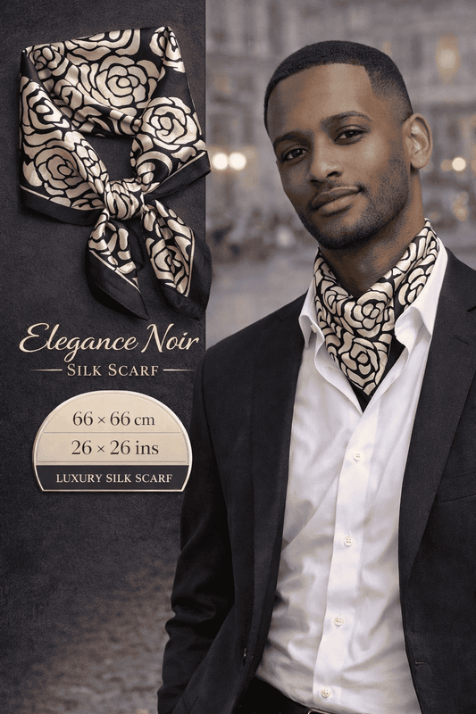 Elegance Noir silk scarf with gold rose motifs on a deep black background