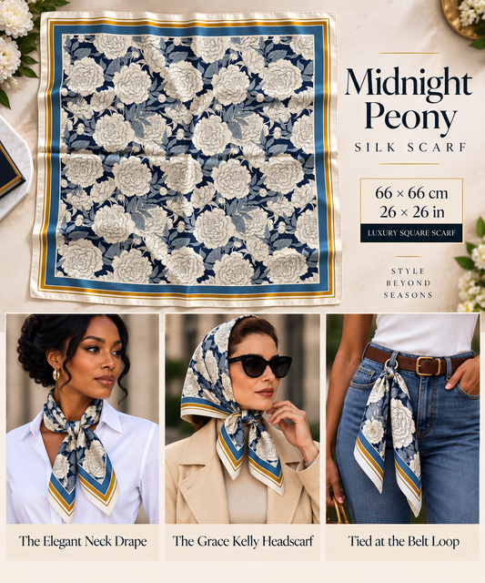 Midnight Peony 66 x 66 cm Mulberry silk scarf with ivory peonies on midnight navy and blue-gray floral design