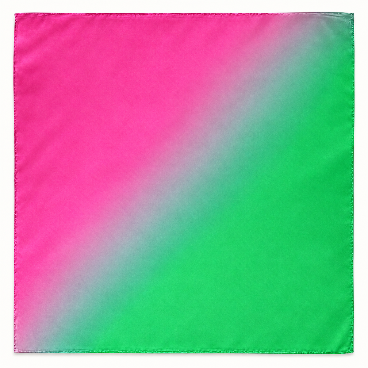 Full view of the Radiant Oasis 108 × 108 cm pink and green ombré silk scarf on a white background.