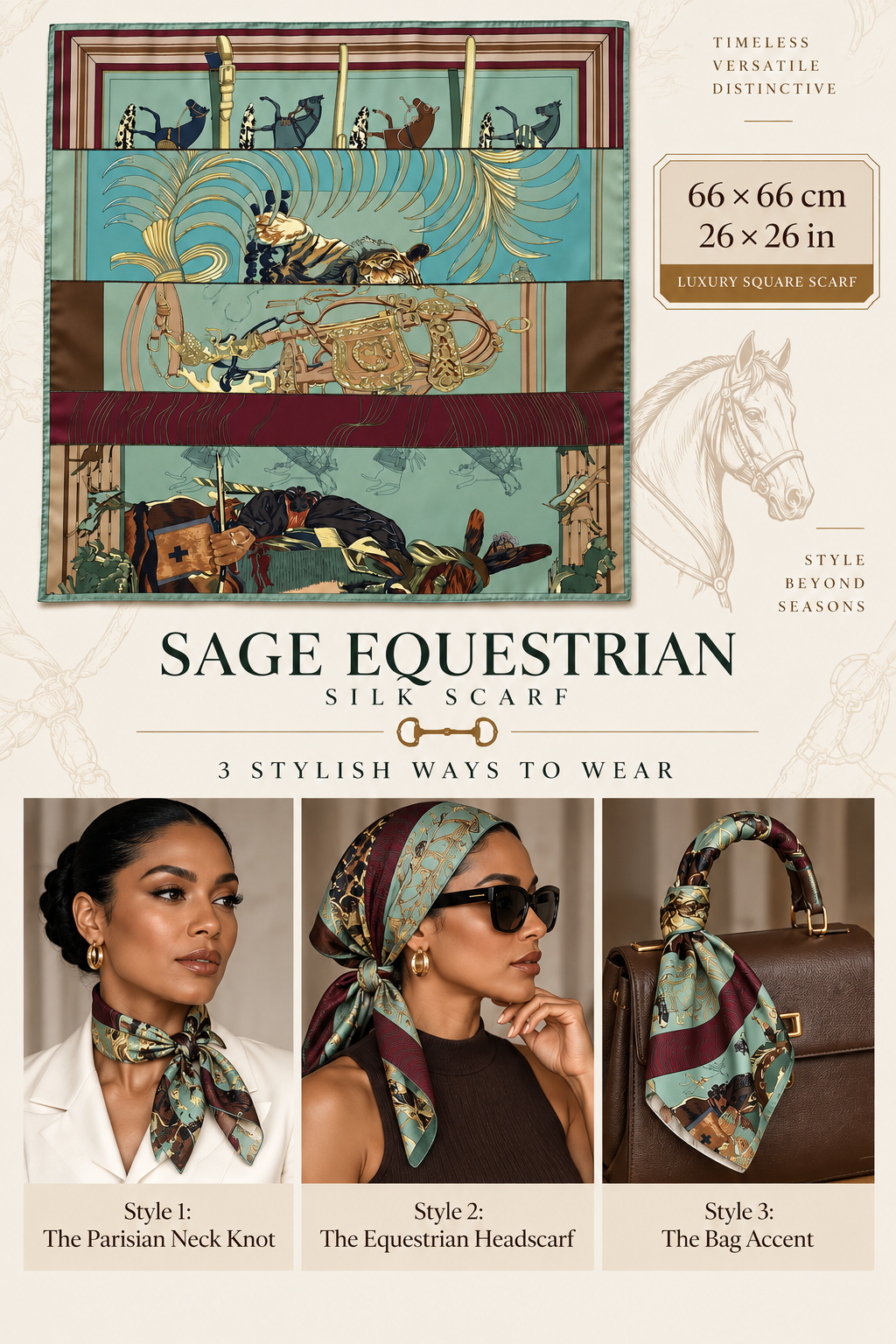 Sage Equestrian 66 x 66 cm Mulberry silk scarf with equestrian design and styling ideas
