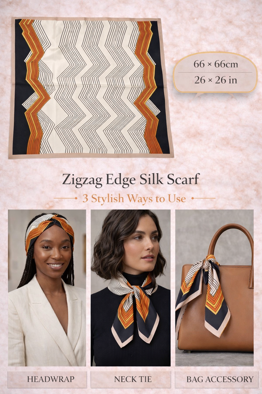 Zigzag Edge 66 x 66 cm Mulberry silk scarf in cream black and orange geometric pattern